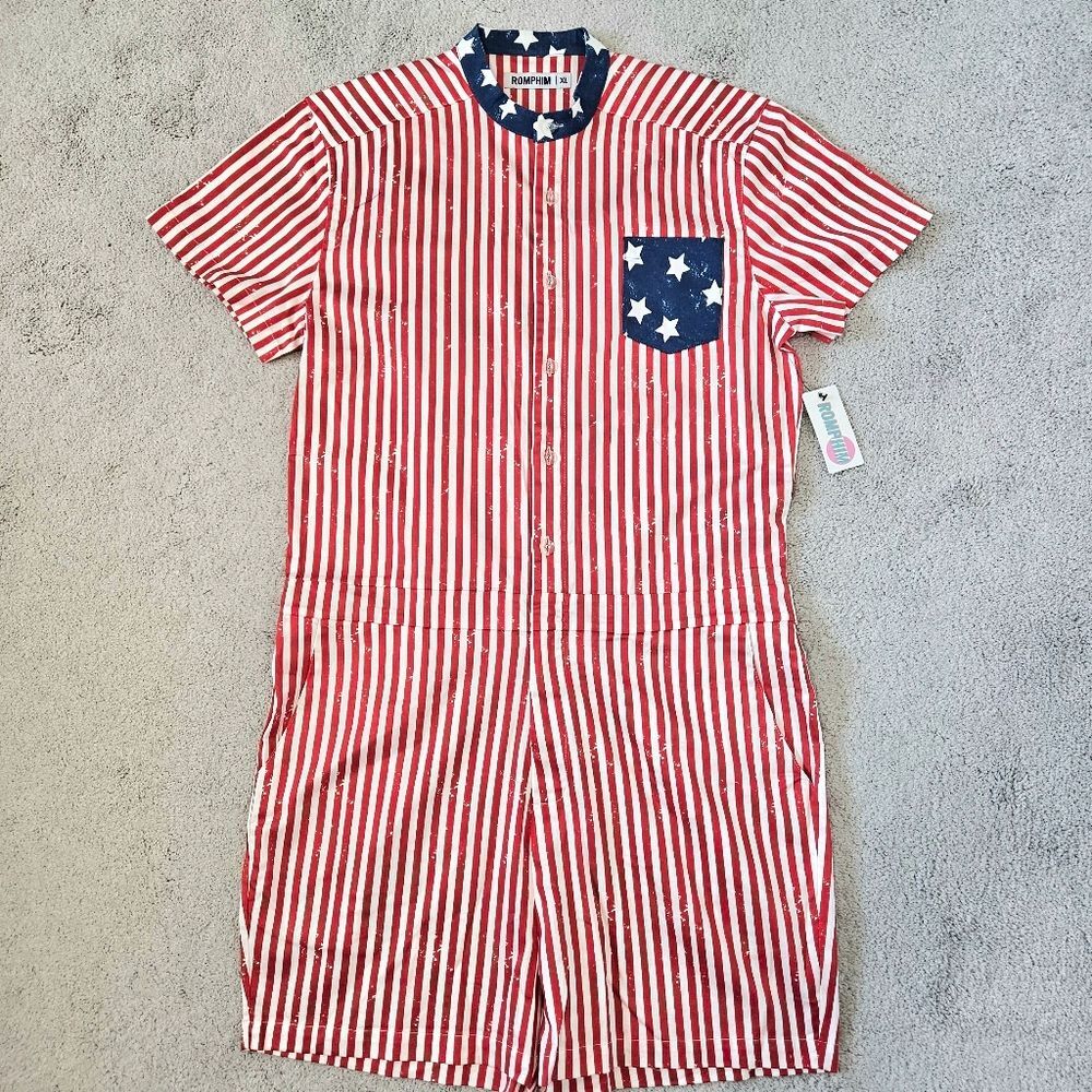 NWT Tipsy Elves Romphim USA American Patriotic Stars Stripes Romper, Mens XL